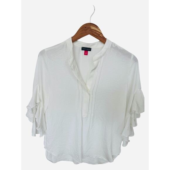 Vincent Camuto Women Small White Ruffle 3/4 Sleeve Henley Blouse Shirt Top - Picture 2 of 5